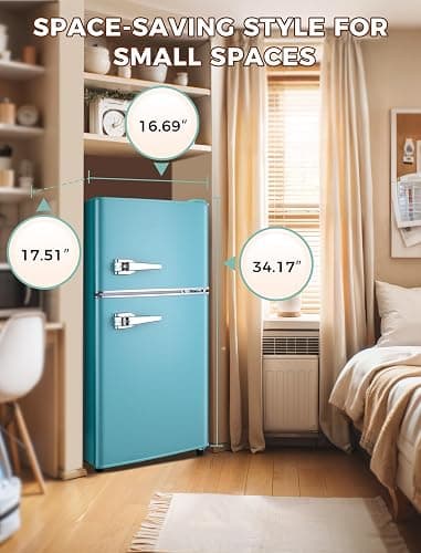 Anypro 3.2 Cu.Ft Refrigerator, Retro Double Door Fridge with Freezer, 7 Adjustable Temperature Settings, Removable Glass Shelves for Dorm, Office, Bedroom, Apartment, Blue thumbnail 6