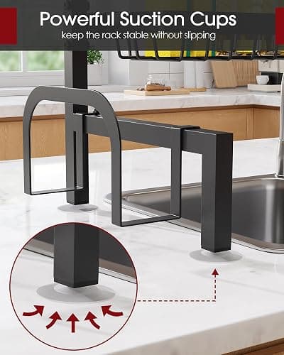 Sakugi Over The Sink Dish Drying Rack - Adjustable 2 Tier Large Capacity Stainless Steel Drainer with Cutlery & Utensil Holders, Kitchen Storage & Organization, 30"-33.9" L x 11" W x 21.5" H, Black thumbnail 5