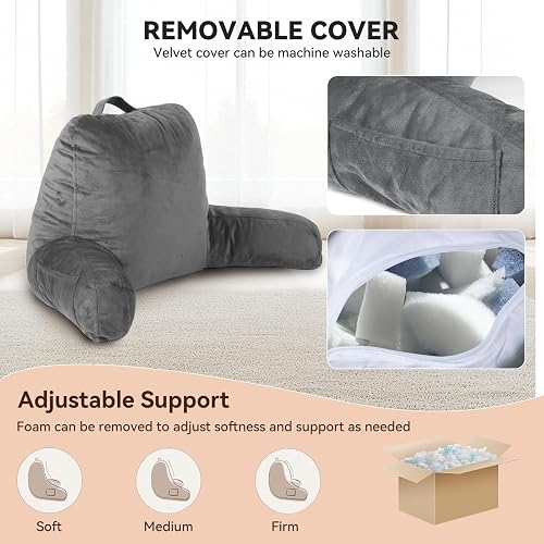 Yagamo Reading Pillow for Bed with Adjustable Memory Foam,Large Adult Backrest with Arms, Back Pillow for Sitting in Bed with Washable Cover- Large, Gray thumbnail 4