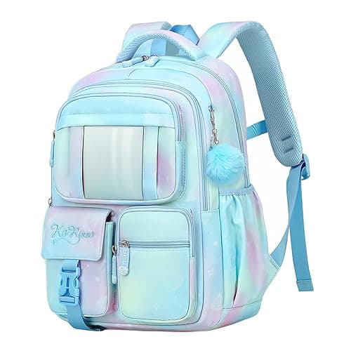 Gradient Childrens Backpacks School Bags for Girls Casual Daypacks with Plush Ball Pendant, B05-Blue - Image 1