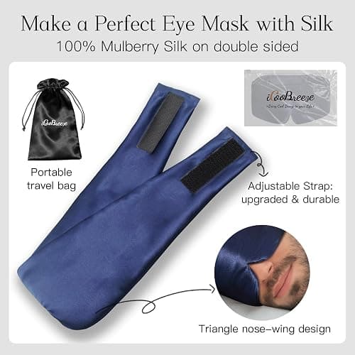 iCooBreeze 100% Natural Silk Eye Mask for Women Men, Soft Pressureless Cooling Blackout Eye Covers for Sleeping, Large Size Sleep Mask fits All Heads Adjustable, 1PC, Navy Blue thumbnail 6