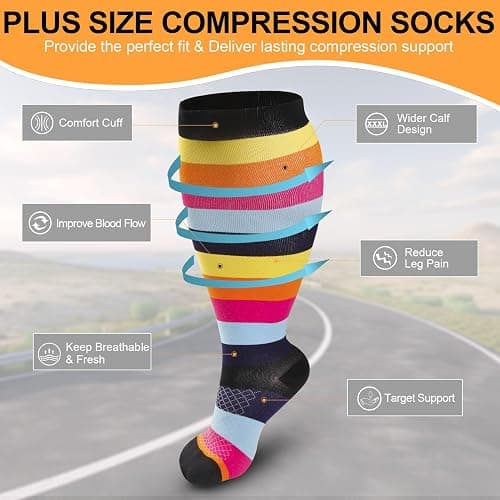 4 Pairs Plus Size Compression Socks for Women & Men, Extra Wide Calf 20-30 mmhg Knee High Compression Stockings for Circulation Swelling Support thumbnail 2