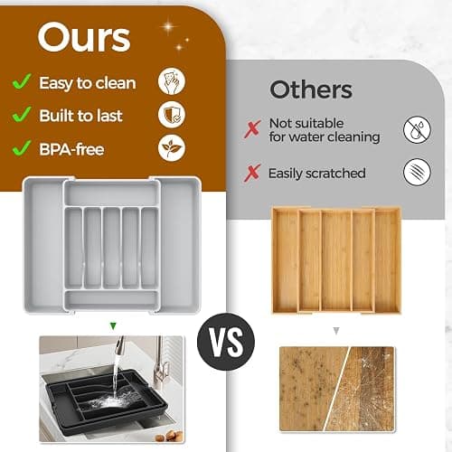 ukeetap Extra Large Expandable Silverware Organizer, BPA-Free Food-Safe Cutlery Flatware Organizer, Kitchen Utensil Drawer Organizer, Adjustable Silverware Holder for Spoons Forks Knives, Gray thumbnail 7