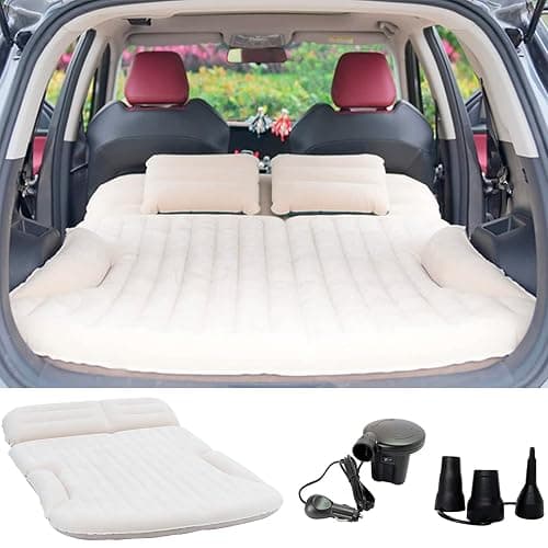 KMZ SUV Air Mattress Thickened and Double-Sided Flocking Travel Camping Bed with 2 Pillows & Electric Pump Dedicated Mobile Cushion Inflatable Bed for SUV Trunk and Rear Seat (Beige and Coffee) - Image 1