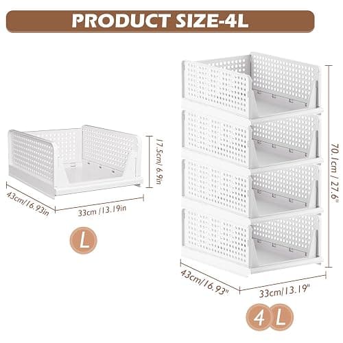 TidyIsles Wardrobe Storage Organiser - 4 Pack Folding Closet Organisers, Stackable Storage Boxes, Plastic Drawer Organiser Basket for Bedroom Kitchen Bathroom White thumbnail 2