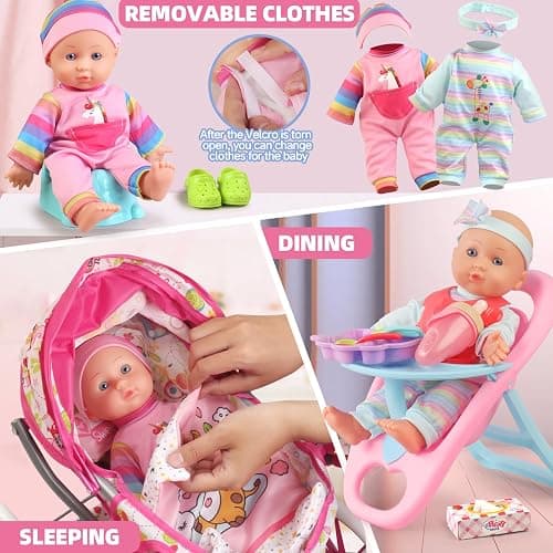 Baby Doll Stroller Toys Set with 12.5" Baby Doll,Dining Chair,Quilt Pillow,24 PCS Doll Accessories and 2 Sets Doll Clothes,Baby Stroller Toys for Girls Toddlers 3-5 4-6 5-7 Gifts for Pretend Play thumbnail 3