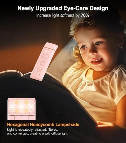Gritin Book Light Rechargeable, Reading Light Lamp Clip on Books, 3 Eye-Protecting Modes (Mixed/White/Amber), 5 Brightness & Stepless Dimming, Flexible Reading Lamp for Readers- Pink thumbnail 4