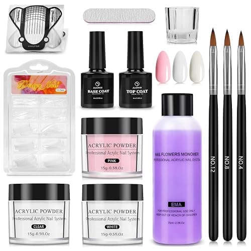 Yokilly Acrylic Nail Kit for Beginners: Acrylic Powder Set 3 Colors Pink White Clear Nail Powder - Nail Set with 100PCS Nail Tips Nail Art Brush Nails Extension Starter Kits for Home Salon - Image 1