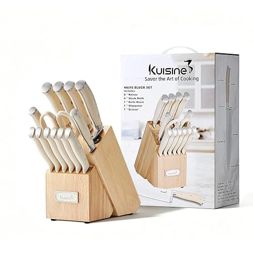 KUISINE Chef Knife Set, High Carbon Stainless Steel Ultra Sharp Blade Ergonomic Handle, Kitchen Knife Block Set with Built-in Sharpener, Elegant Gift for Holiday(15 PCS Pro White) thumbnail 2