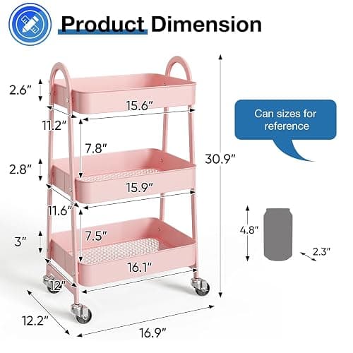 OLIXIS 3 Tier Utility Rolling Cart, Metal Mobile Storage Shelf with Lockable Caster Wheels, Organization for Livingroom, Bathroom & Narrow Places, Pink thumbnail 3