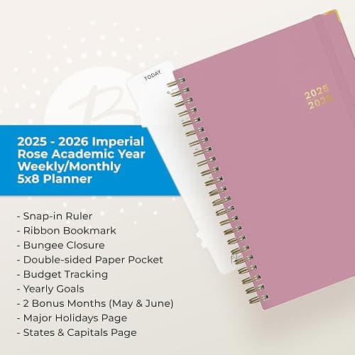 Blue Sky 2025-2026 Weekly and Monthly Academic Year Planner Calendar, July 2025 - June 2026, 5" x 8", Faux Leather Cover, Wirebound, Storage Pocket, Laminated Tabs, Imperial Rose thumbnail 9