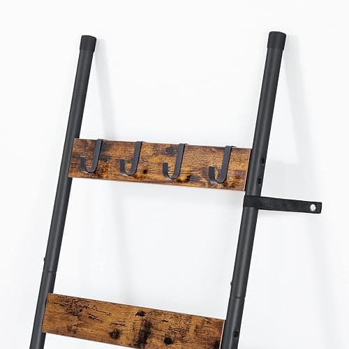 HOOBRO Blanket Ladder, 5-Tier Towel Rack with Hooks, Wall-Leaning Blanket Rack, Decorative Display Ladder Shelf, for Scarves, Industrial, Living Room, Bedroom, Rustic Brown and Black BF52CJ01 thumbnail 9