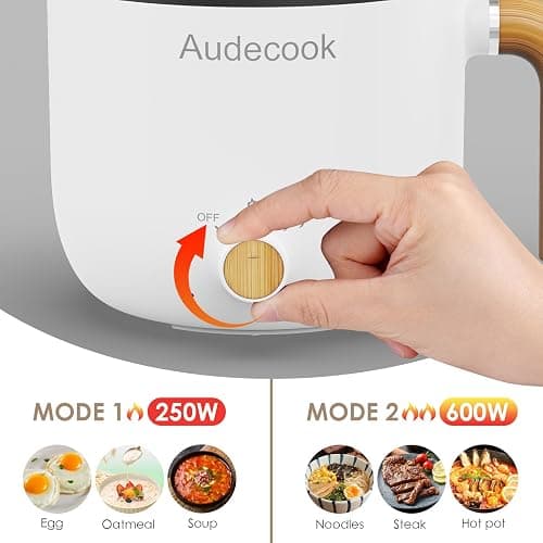 Audecook Hot Pot Electric with Steamer, 1.5L Portable Nonstick Rapid Noodles Cooker, Travel Electric Skillet with Dual Power Control for Ramen/Pasta/Soup/Steak/Egg/Oatmeal (White) thumbnail 5