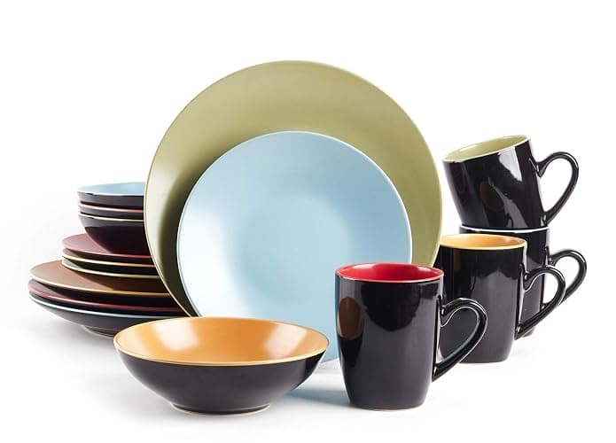 HomeVss Stoneware Two-Tone Colors Life 16pc Dinnerware Set，Outside Shinny Black + Inside Matte Finished Very Funny - 4 Assorted Colors Turquoise, Olive, Curry and Red thumbnail 2