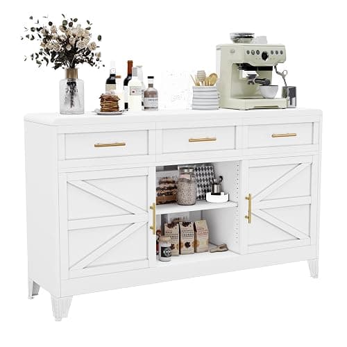Sideboard Buffet Cabinet with Drawers, White 47.2" Large Sideboard Cabinet with Doors & Adjustable Shelves, Modern Farmhouse Coffee Bar Console Table, Coffee Bar for Kitchen, Dining Room - Image 1
