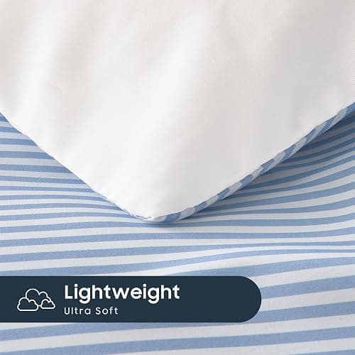 Wake In Cloud - Striped Comforter Set, Ticking Stripe Vertical Pinstripe Neutral Farmhouse Pattern Printed, Soft Lightweight Bedding, 3 Pieces, Blue White, Queen Size thumbnail 7