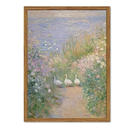 Framed Vintage Geese Canvas Wall Art, Cottagecore Monet Floral Landscape Wall Decor Paintings, French Country Farmhouse Animal Pictures Prints Rustic Home Decor for Living Room Bedroom 12x16 inch - Image 1