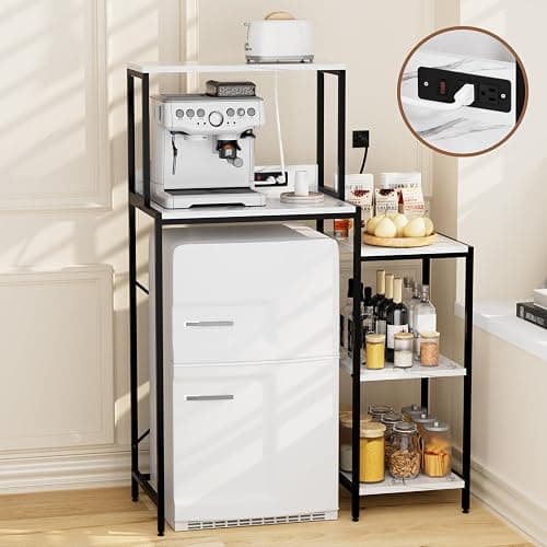 QieerHior Mini Fridge and Microwave Stand Over Refrigerator Storage Shelf with Power Outlet, 5 Tiers Adjustable Bakers Rack Cabinet Coffee Bar Appliance Organizer for Dorm Office,Marble-Look - Image 1