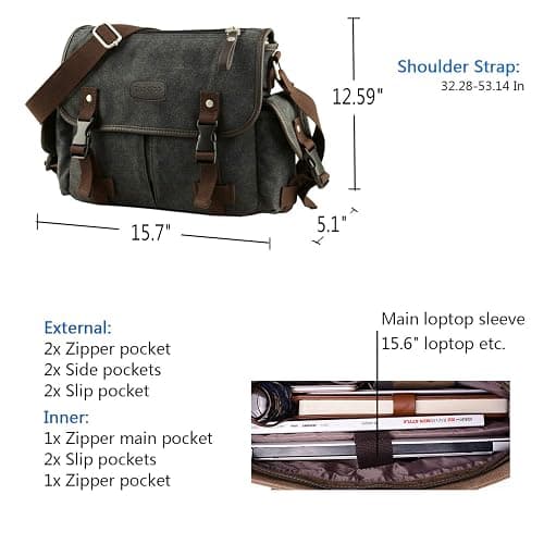 [Upgraded] Vintage Canvas Messenger Bag 13 15.6 17 inches Large Book Laptop Shoulder Bag Women Men New (Black, X-Large) thumbnail 5