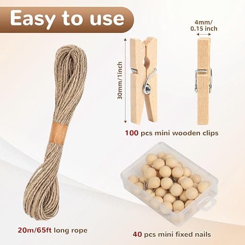 100 Pcs Wooden Clothespins for Photo Hanging Display, Mini Clothes Pins with String, Photo Display Hanging Clips for Crafts Pictures Photos Home Birthday Wedding Party Decoration thumbnail 3