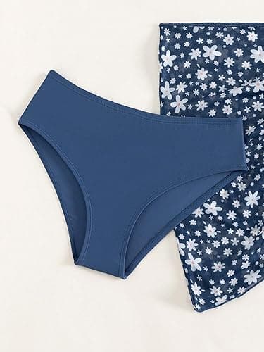 COZYEASE Girls' 3 Piece Bikini Set Ditsy Floral Print Wireless Swimsuit with Beach Skirt - 9 Years - Navy Blue thumbnail 4