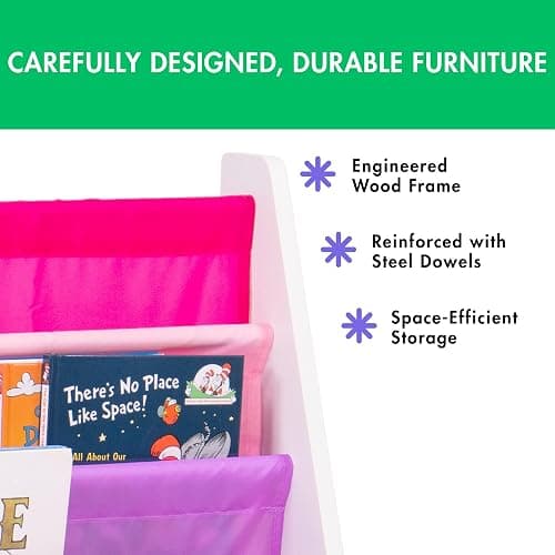 Humble Crew 4-Tier Kids Bookshelf, White Wood/Pink/Purple - Premium Book Shelf for Kids Rooms with Four Deep Pockets - Toddler Sling Book Rack with Deep Sleeves, Nursery Bookcase Organizer thumbnail 7
