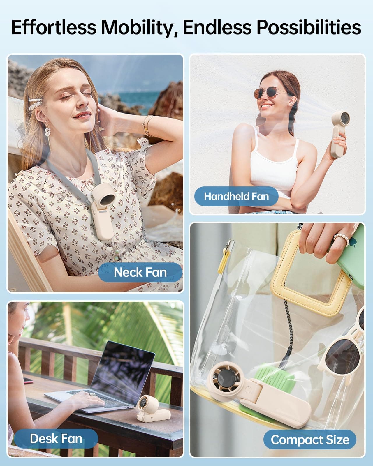 TriPole Portable Handheld Turbo Fan 3-IN-1 Rechargeable Mini Fan, Foldable Neck & Desk Fan with Digital Display, High Speed Personal Cooling Fans for Outdoor, Travel, Camping (Beige) thumbnail 6