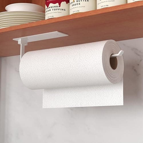 White Kitchen Roll Holder Under Cabinet, Self-Adhesive Paper Towel Holder, Wall Mounted Paper Towel Rack, Suitable for Pantry, Kitchen, Bathroom - Image 1