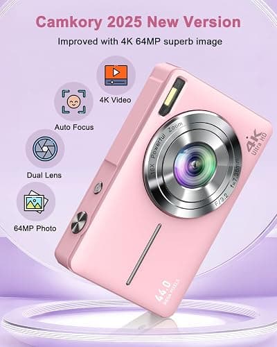 Digital Camera, 4K 64MP Cameras for Photography, Small Compact Point and Shoot Digital Camera with Auto Focus, Dual Camera, Flash, 16X Zoom, 32GB Card, Vlogging Camera for Teens,Boys, Girls thumbnail 2