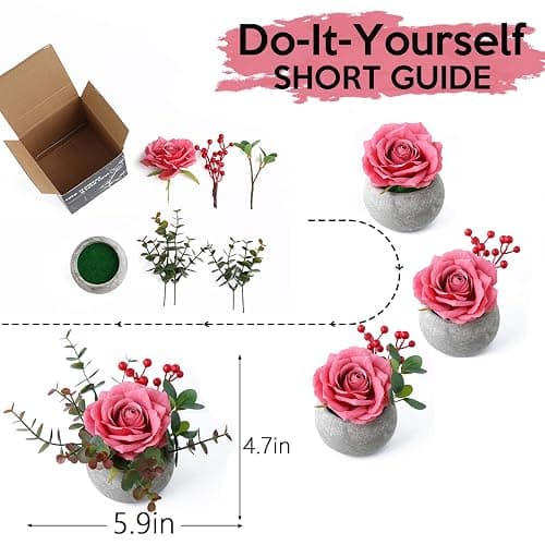 mizii DIY Small Artificial Flowers Potted Kit Fake Flower Realistic Silk Rose and Greenery with Vase for Gifts Table Centerpiece Mantle Office Desk Shelves Living Room Decorations (Pink) thumbnail 3