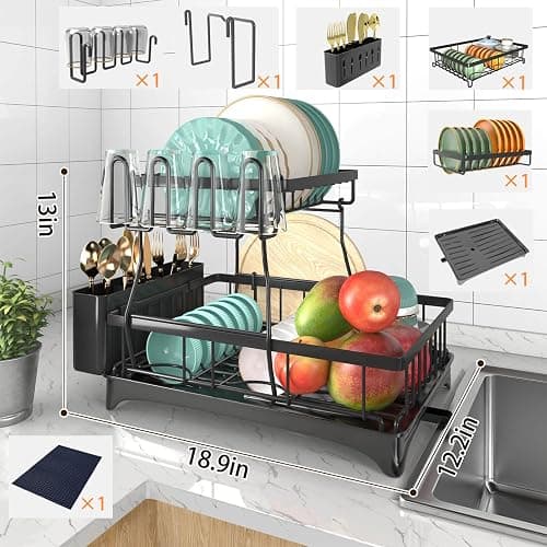 Godboat Dish Drying Rack, 2-Tier Dish Racks for Kitchen Counter, Dish Rack with Drainboard & Mat, Dish Drainer with Knife, Fork & Cup Rack, Gifts for Women, Mothers Day, Cool Stuff & Kitchen Gadgets - X-Large thumbnail 2