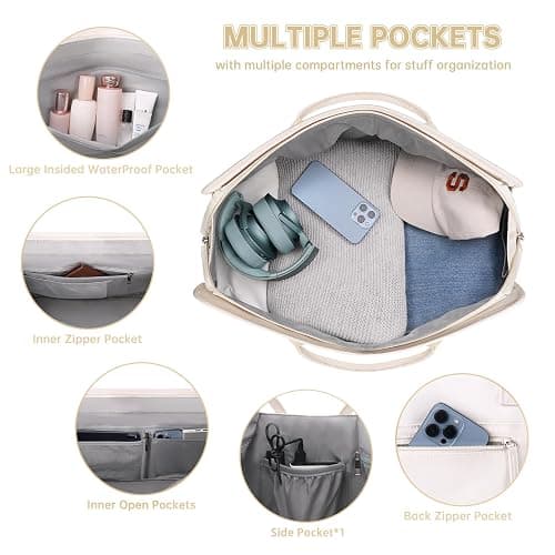 ETRONIK Weekender Overnight Bag for Women, Large Travel Duffle Bag with Shoe Compartment & Wet Pocket, Carry On Gym Duffel Bag with Toiletry Bag for Hospital 3 Pcs Set, Beige thumbnail 3