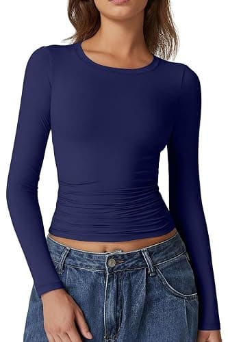 QINSEN Womens Crewneck Long Sleeve Shirt Double Lined Basic Tees Side Ruched Going Out Crop Tops - Image 1