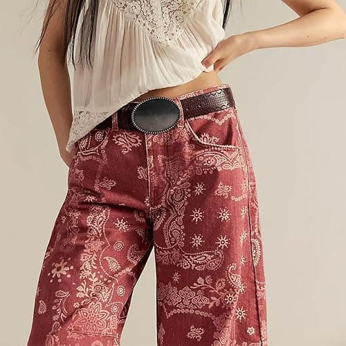 Vintage Barrel Pants for Women Baggy Floral Print Mid Rise Wide Leg Faux Denim Ankle Pants Loose Y2k Barrel Pants thumbnail 2