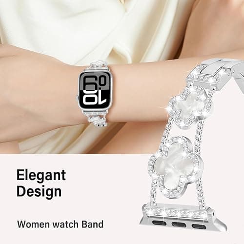 Sixmoat Bands Compatible with Apple Watch Band for Women 38mm 40mm 41mm 42mm 44mm 45mm 46mm 49mm, Bling Bracelet Designer Dressy Clover for iWatch Band Series SE Ultra 11 10 9 8 7 6 5 4 3 (Silver) thumbnail 2