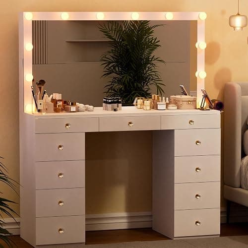 Likein Vanity Desk with Mirror and Lights, White Vanity with Hidden Jewelry Storage Cabinet, Charging Station, 11 Drawers Makeup Vanity with Lights, Crystal Knobs, 3 Color Lighting Modes for Girls thumbnail 8