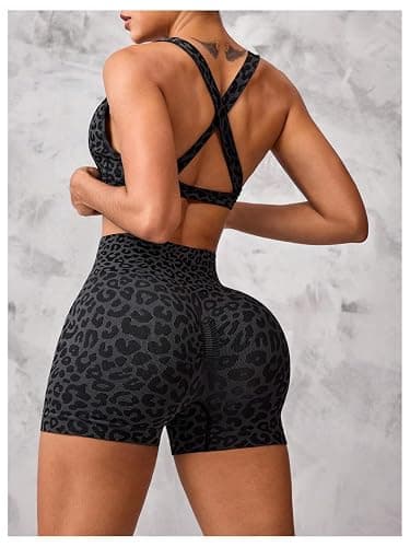 BEAUDRM Women's 2 Piece Leopard Print Athletic Outfits Criss Cross Sports Bra and Biker Shorts Gym Tracksuits thumbnail 2