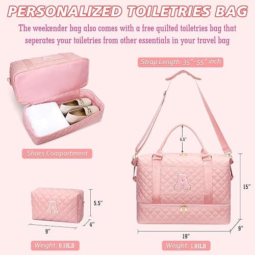 CLOUDWINGS Girl Gift-Women Birthday Gifts-Gifts for Teenage Girls Initial Travel Duffle Bag Quilted Weekender Overnight with Cosmetic Bag, Gym Bag with Shoe Compartment Personalized Bag, Pink A thumbnail 7