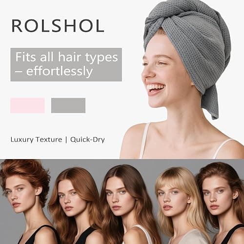 ROLSHOL 2 Pack Microfiber Hair Towel Wrap for Women, 32" x 11" Waffle Weave Hair Plopping Towel for Curly, Long & Thick Hair, Anti-Frizz Hair Turbans for Wet Hair (Pink, Grey) thumbnail 7