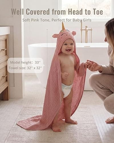 Blissful Diary Muslin Baby Hooded Towel 2 Pack, Soft & Absorbent Bath Towel for Infant, Toddler, Unisex, Baby Gift, Newborn Essentials, Sunny Duck & Dreamy Unicorn thumbnail 6