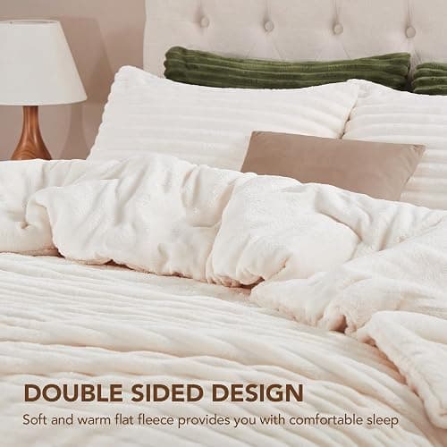 HYLEORY Fluffy Queen Comforter Set 3 Pieces - Fleece Fluffy Soft & Warm Plush Cream White Comforter Sets, Luxury Fuzzy Bedding Sets, All Season Heavy Bed Set Queen Size with 2 Pillowcases thumbnail 4
