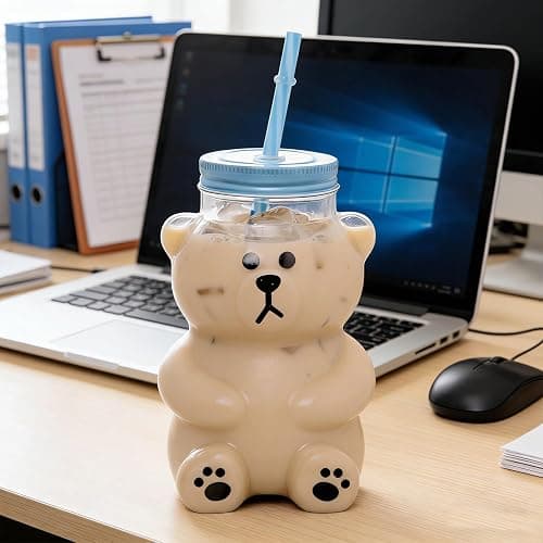 Kawaii Bear Sippy Cup 19oz, Clear Bear Glass Cup with Lid and Straw, Leak-Proof Clear Cup for Juice Milk Tea Smoothies Infused Water Beverage Food Grade thumbnail 6