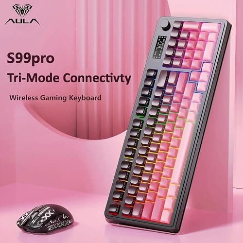 AULA S99 Pro Keyboard, Wireless Keyboards with Media Knob Custom RGB Backlit, 3-Modes BT/2.4G/USB-C Membrane Gaming Creamy Keyboard for Windows/MAC/PC Gamer - Black Pink thumbnail 2