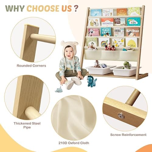 Kids Bookcase, Kids Bookshelf 4 Sling Book Rack and 3 Toys Organizer Shelves Sided Book Display with Storage Classroom Bookshelf 4 Tier Beige thumbnail 4