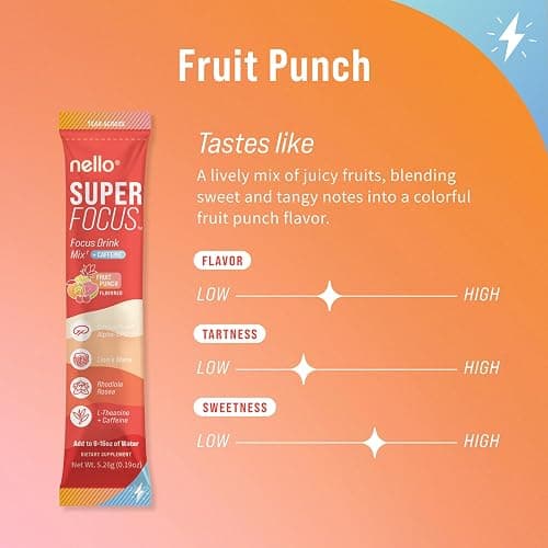 Nello Superfocus – Nootropic Focus Drink Mix for Productivity, Caffeine, L-Theanine, Rhodiola Rosea, Alpha-GPC, Lion’s Mane, Tyrosine, Sugar-Free Packets - With Caffeine (Pack of 20) (20 Servings (Caffeine), Fruit Punch) thumbnail 3