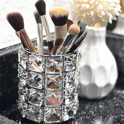 LUGUNU Makeup Brush Holder Organizer Golden Crystal Bling Personalized Gold Comb Brushes Pen Pencil Storage Box Container (Crystal Pot-Sliver) thumbnail 2