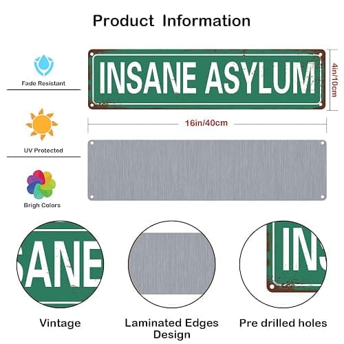 Insane Asylum Vintage Metal Sign – Creepy Gothic Wall Decor, Grunge Room Aesthetic, Horror Plaque for Bedroom, Bathroom, Dorm, Man-Cave Gift for Emo & Alt Band Poster Music Fans – 16 x 4 Inches (707) thumbnail 3