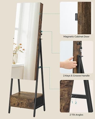 SONGMICS LED Cabinet Standing, Lockable Jewelry Armoire with Full-Length Mirror, Space-Saving Jewelry Organizer with Mirror, Bottom Drawer, Gift Idea, Christmas Gifts, Rustic Brown UJJC025X01 thumbnail 8