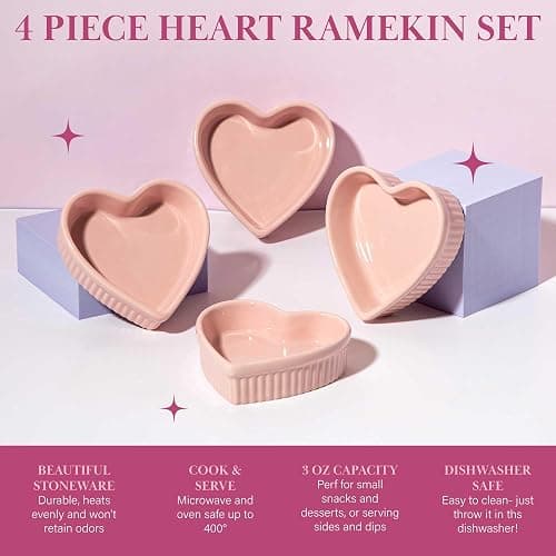 Paris Hilton Heart Shaped Ramekin Set, Mini Ceramic Ramekins, Oven Safe Baking Dishes, Dishwasher Safe, Stoneware Made without PFOA, 4-Piece Set, Pink thumbnail 7