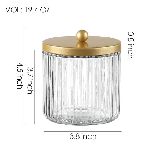 KMwares Matte Gold Set of 2 Glass Qtip Holder Dispenser Set for Cotton Ball, Swab, Round Pads, Floss Picks - Bathroom Canister Storage Organization and Vanity Makeup Organizer thumbnail 3